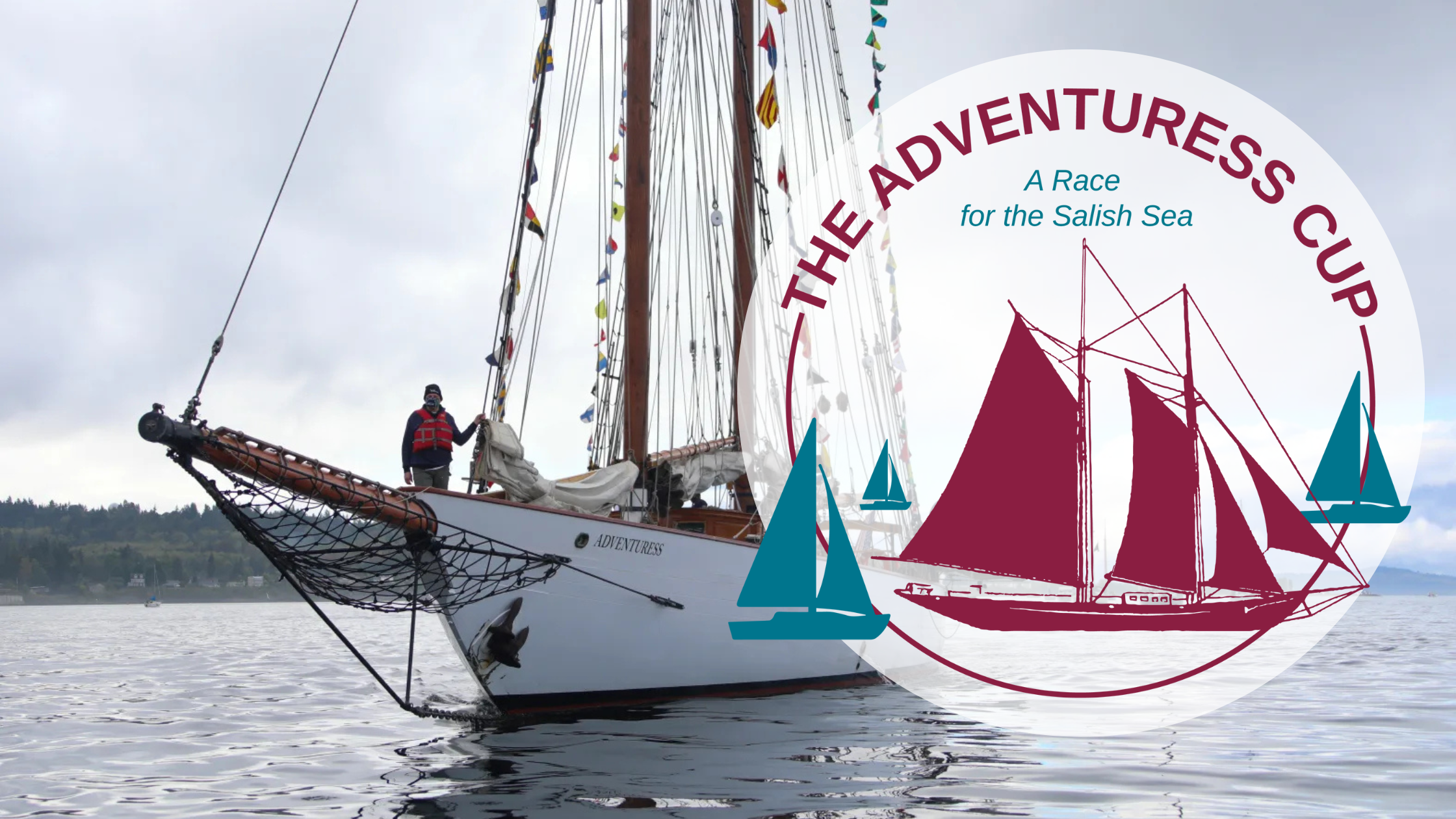 The Adventuress Cup logo, Adventuress surrounded by other sailing ships, is placed in front of a photo of Adventuress staging in the Adventuress Cup ahead of other ships, ready to win the race!