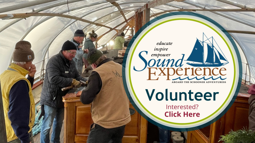 Volunteers work aboard Adventuress at a Shipboard Volunteer work weekend. Maintenance and upkeep is important to keep the vessel program-ready an safe each year. Men and women are under cover on deck in warm workwear and stocking hats, visiting, sanding and varnishing the deckhouse.