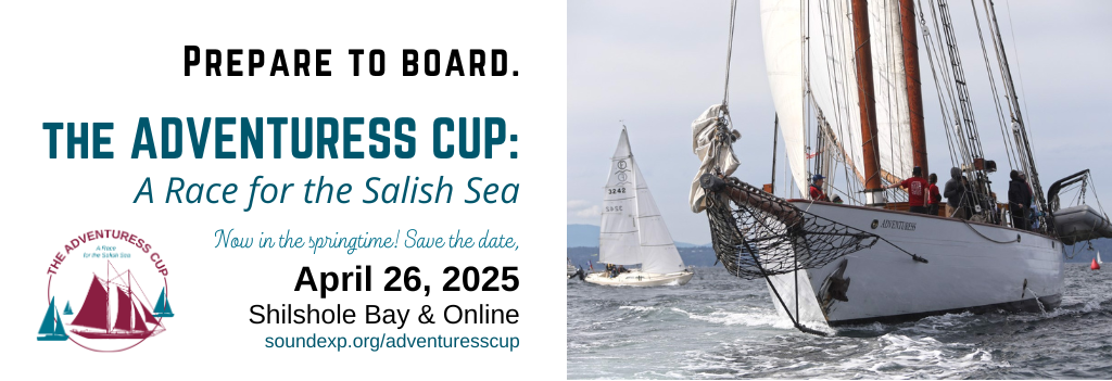 Adventuress Cup Banner shows the event moved to springtime and held on April 26, 2025. The schooner Adventuress is pictured racing with other sailboats off of Shilshole Bay near Seattle.