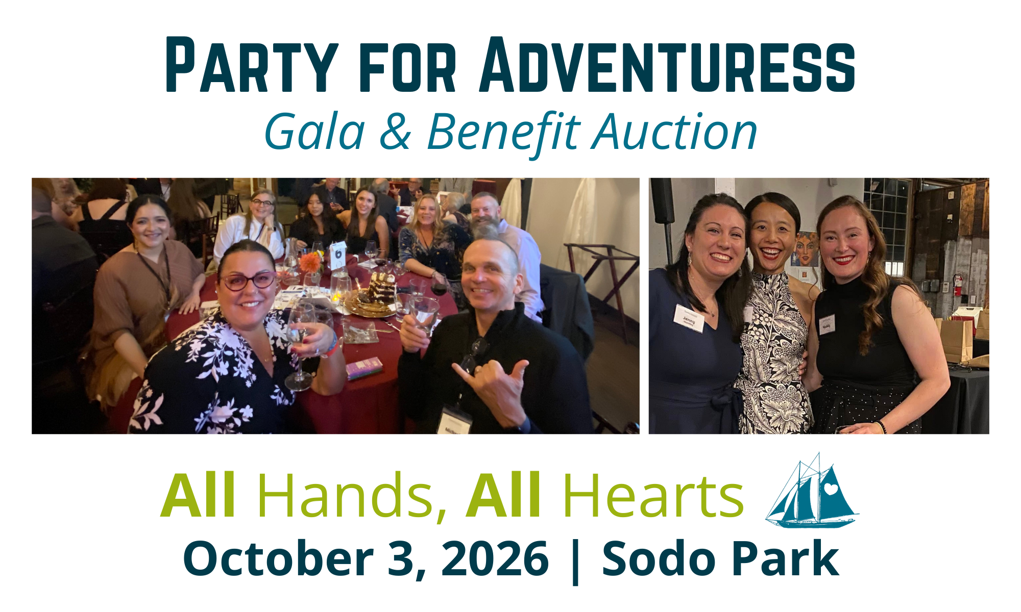 Two photos show guests enjoying Party for Adventuress Gala & Benefit Auction. The first photo includes guests at a table at Sodo Park in Seattle, mugging for the camera, and the second shows a female staff member and two female crew members, all absolutely stunning, dressed up in glittery gowns posing together before the event starts.