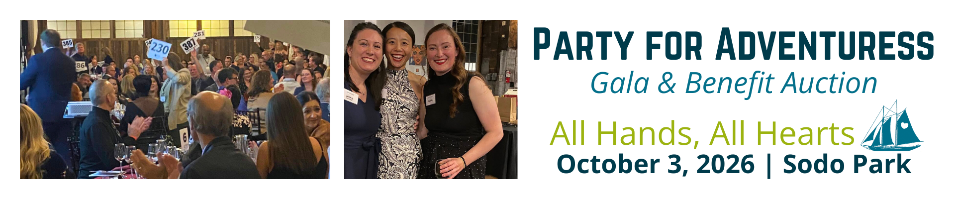 Two photos show guests at the fundraising gala of Sound Experience, a nonprofit that's focus is youth education on the water, specifically a 111-year-old National Historic Landmark sailing ship, the schooner Adventuress.